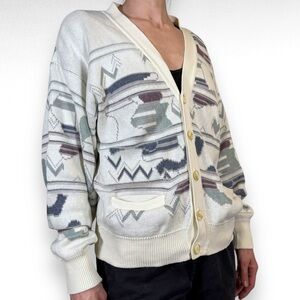 Vintage Cardigan Sweater Geometric White Blue Purple Eclectic Grandpa Size Small